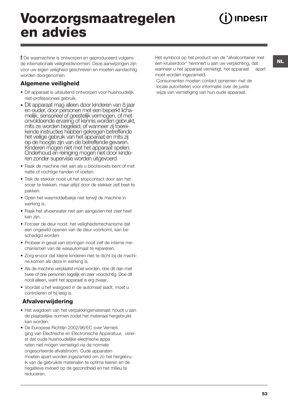 Voorzorgsmaatregelen en advies | Indesit IWTE-71280-ECO-(EU) User Manual | Page 53 / 60