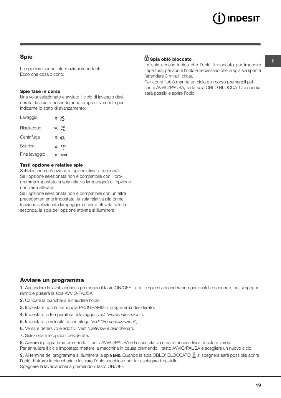 Spie, Avviare un programma | Indesit IWUD-41251-C-ECO-EU User Manual | Page 19 / 72
