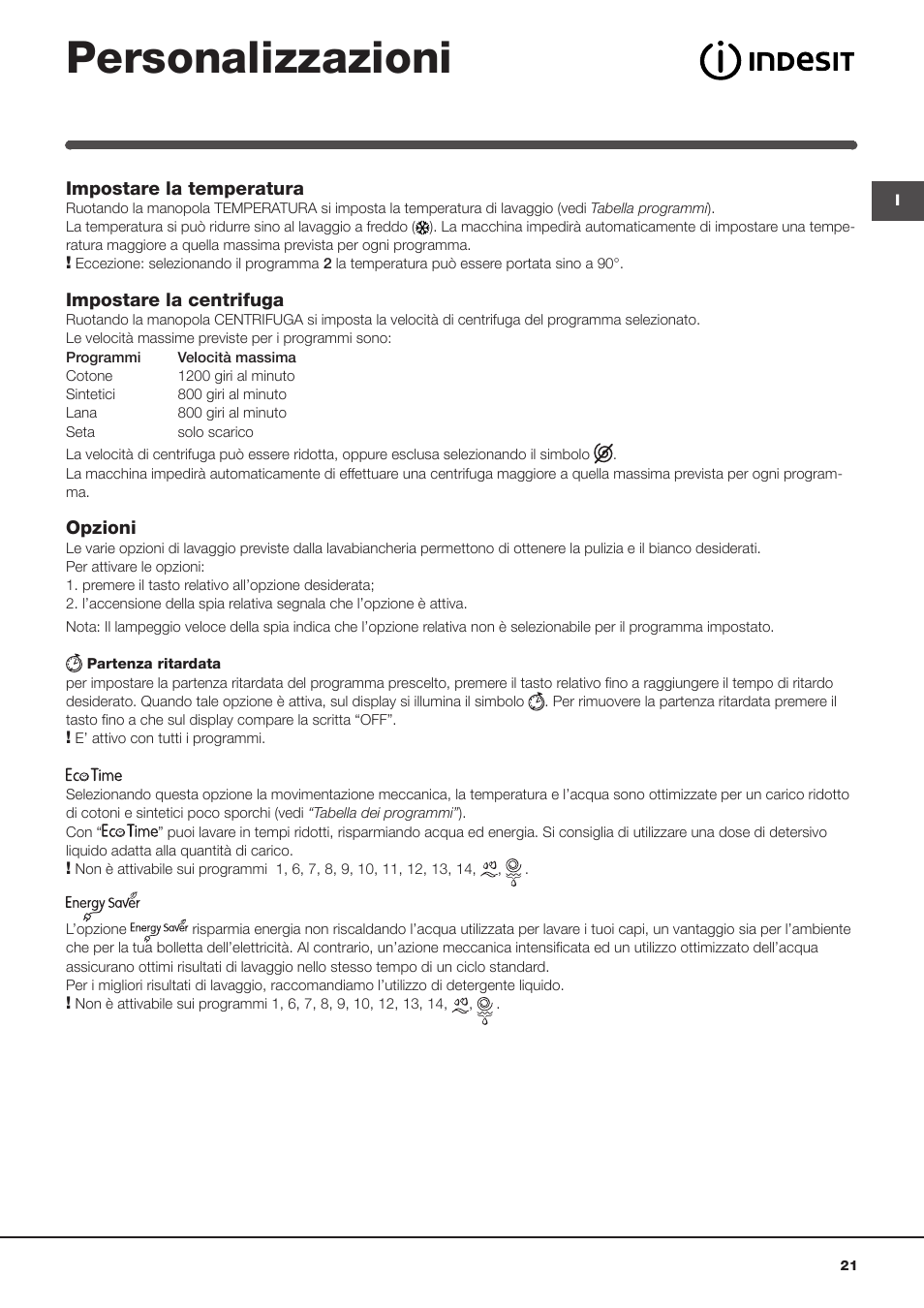 Personalizzazioni | Indesit IWUD-41251-C-ECO-EU User Manual | Page 21 / 72