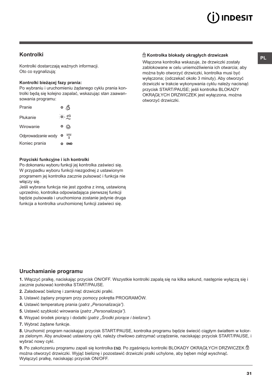 Kontrolki, Uruchamianie programu | Indesit IWUD-41251-C-ECO-EU User Manual | Page 31 / 72