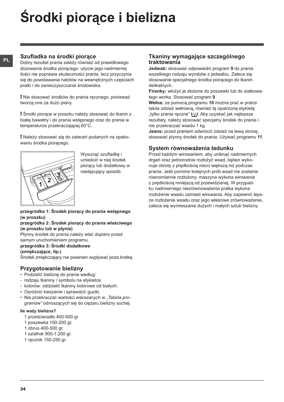 Środki piorące i bielizna | Indesit IWUD-41251-C-ECO-EU User Manual | Page 34 / 72