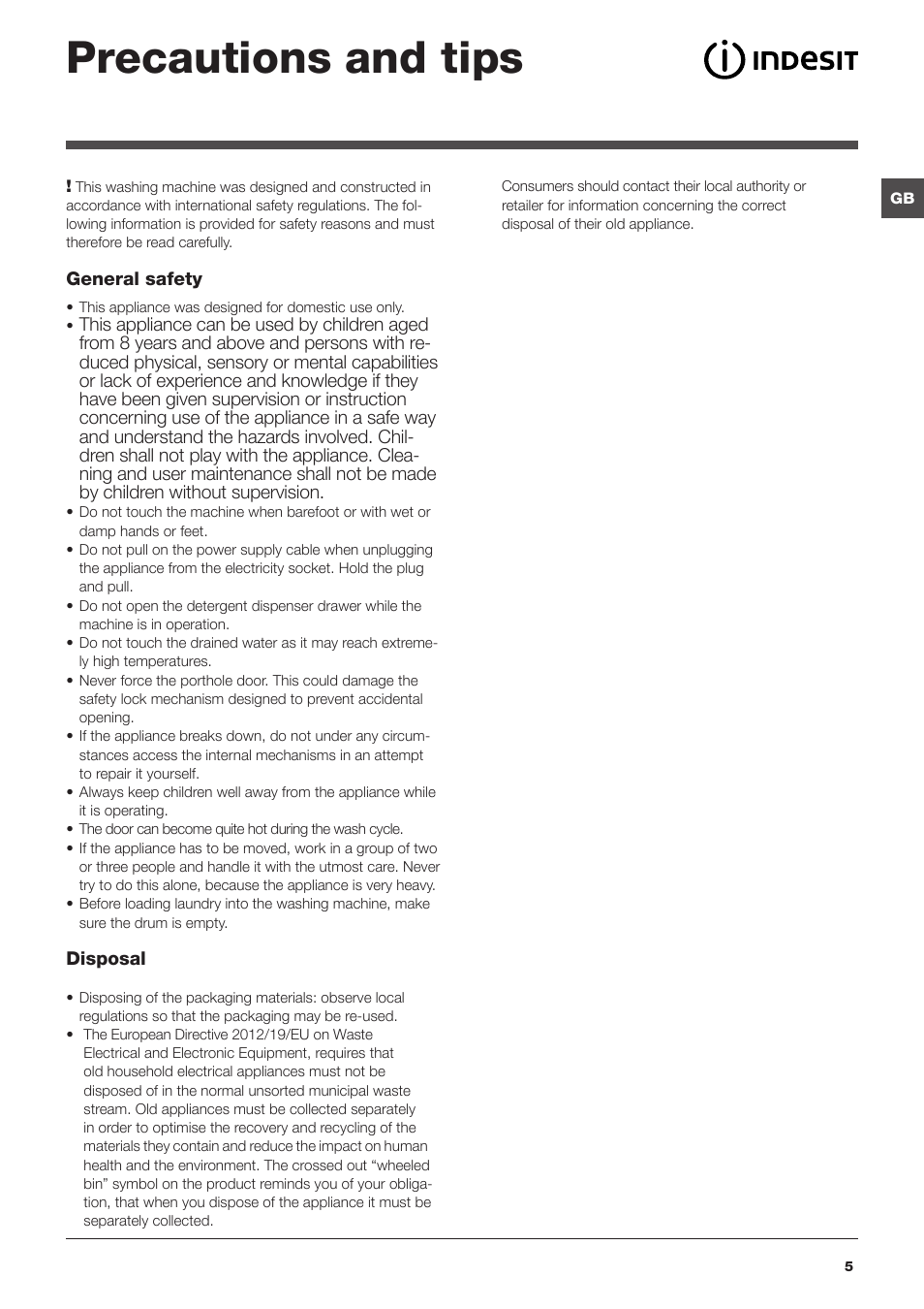 Precautions and tips | Indesit IWUD-41251-C-ECO-EU User Manual | Page 5 / 72
