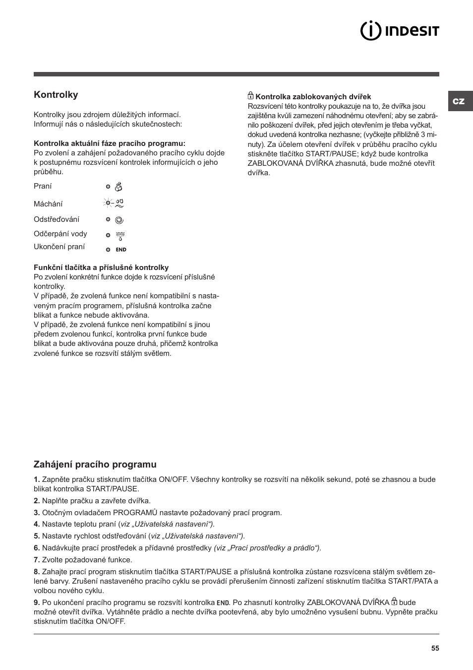 Kontrolky, Zahájení pracího programu | Indesit IWUD-41251-C-ECO-EU User Manual | Page 55 / 72