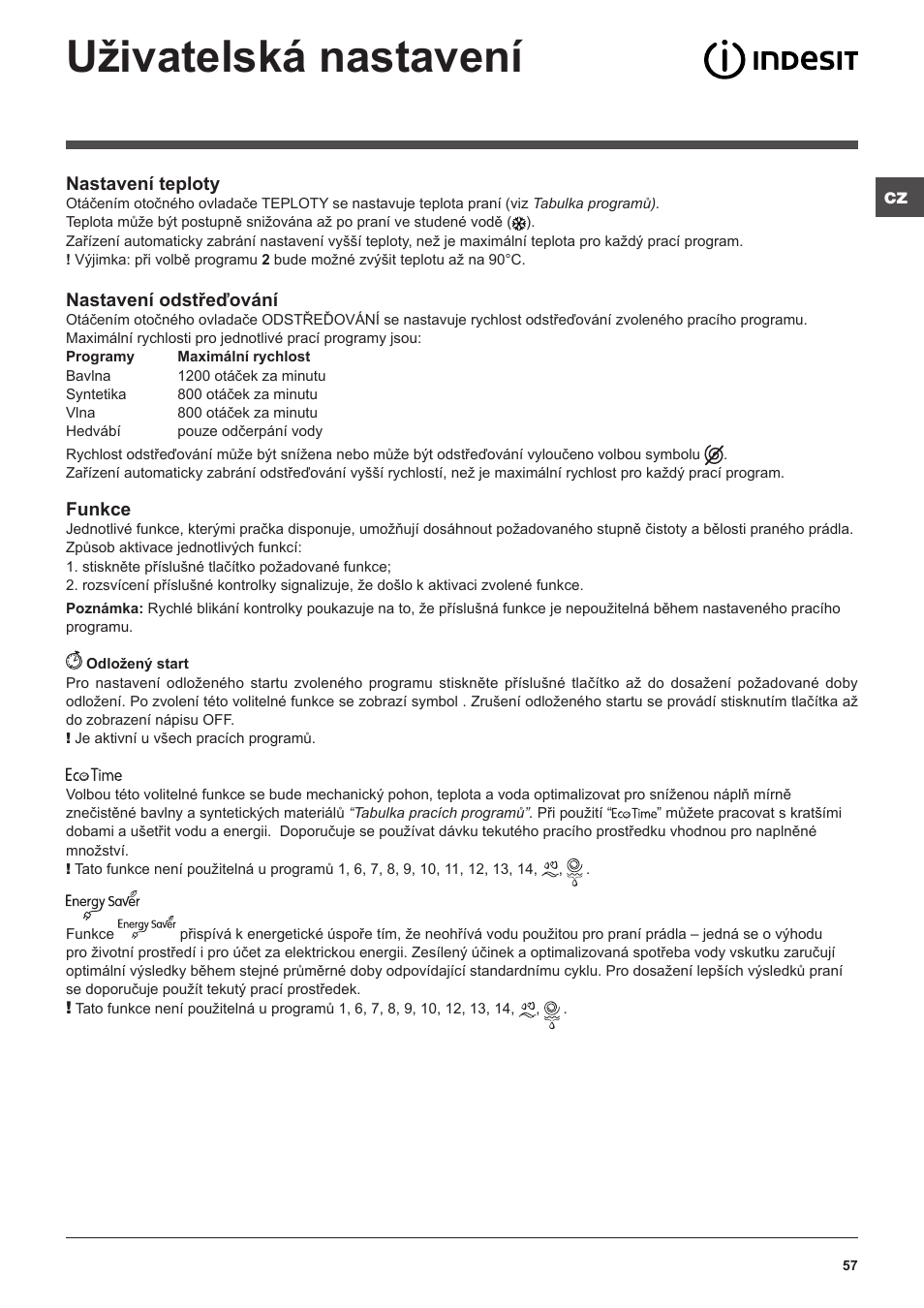 Uživatelská nastavení | Indesit IWUD-41251-C-ECO-EU User Manual | Page 57 / 72