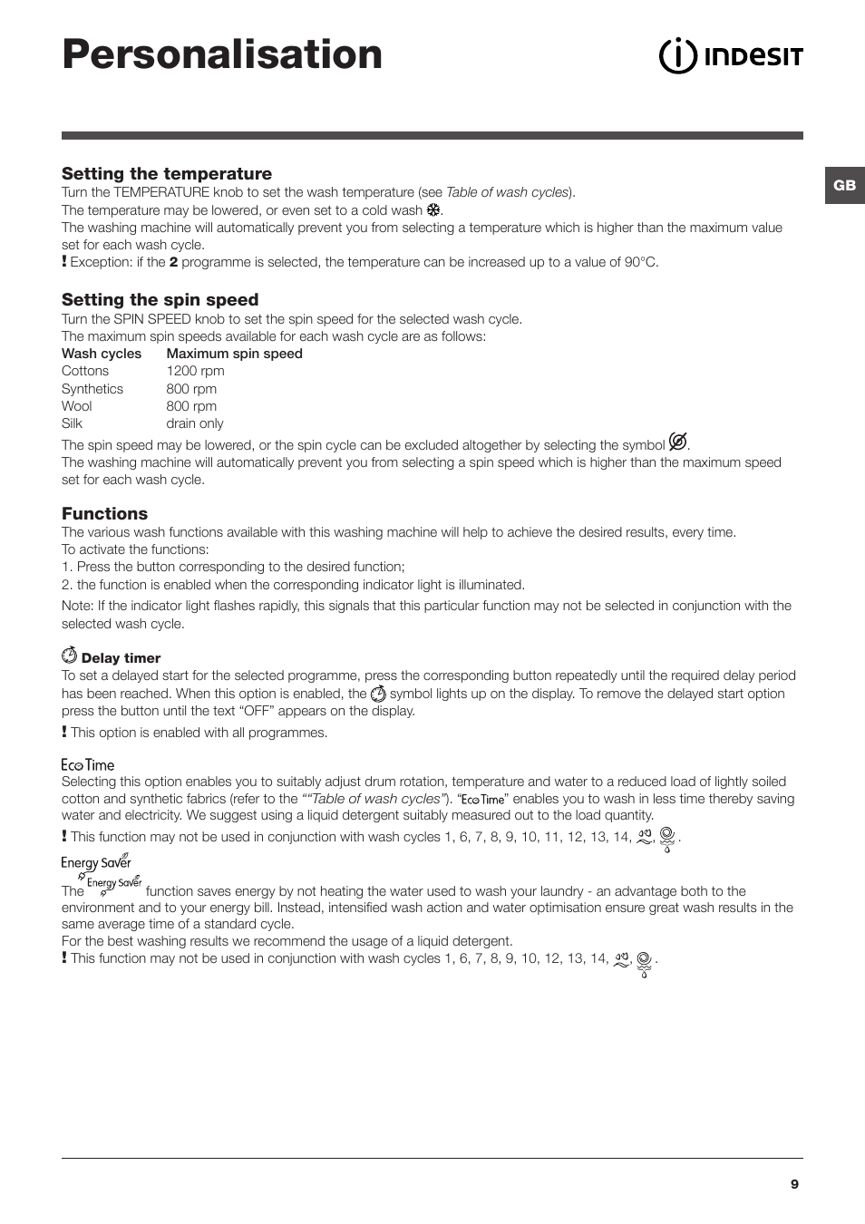 Personalisation | Indesit IWUD-41251-C-ECO-EU User Manual | Page 9 / 72