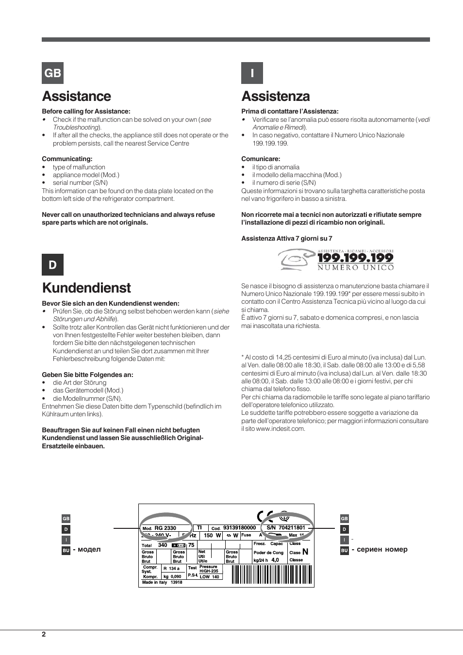 Assistance, Kundendienst, Assistenza | Indesit IN-TSZ-1612 User Manual | Page 2 / 20