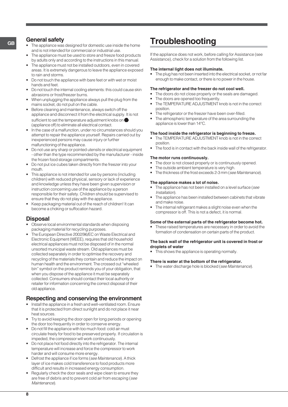 Troubleshooting, General safety, Disposal | Respecting and conserving the environment | Indesit IN-TSZ-1612 User Manual | Page 8 / 20