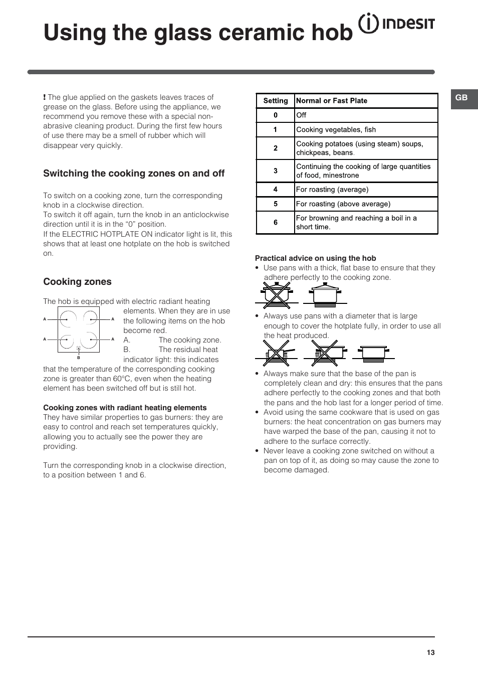 Using the glass ceramic hob, Switching the cooking zones on and off, Cooking zones | Indesit I5V62A(W)-EU User Manual | Page 13 / 60