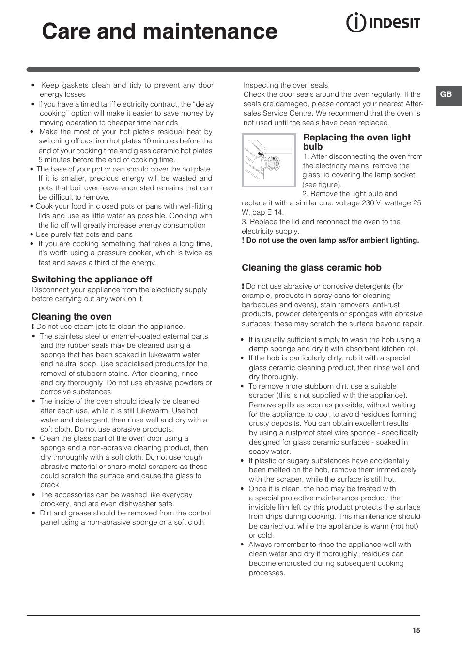 Care and maintenance | Indesit I5V62A(W)-EU User Manual | Page 15 / 60