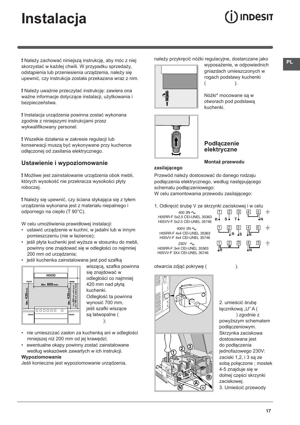 118601 pl, Instalacja, Ustawienie i wypoziomowanie | Podłączenie elektryczne | Indesit I5V62A(W)-EU User Manual | Page 17 / 60