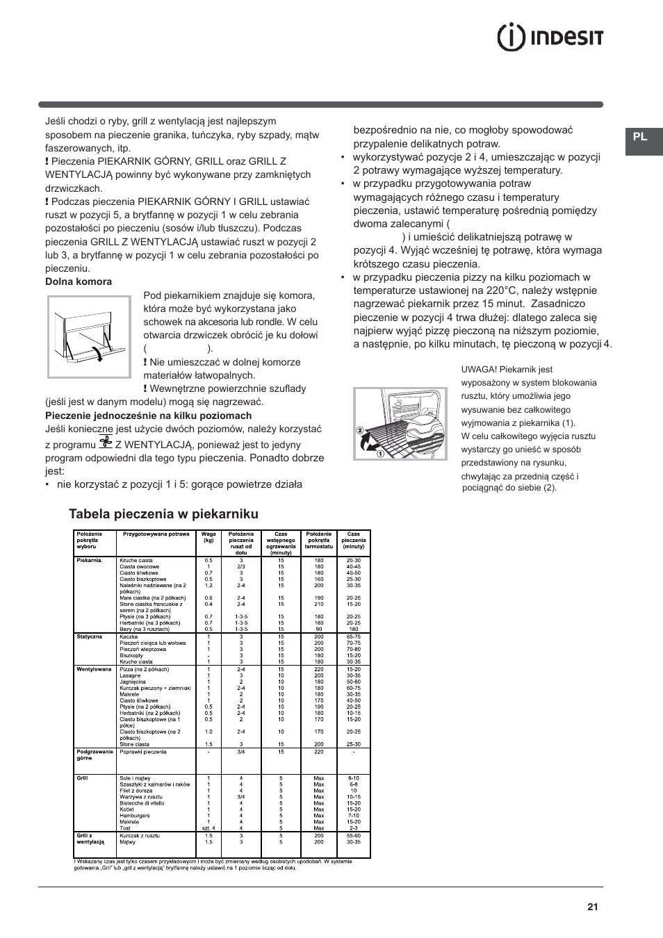 Tabela pieczenia w piekarniku | Indesit I5V62A(W)-EU User Manual | Page 21 / 60