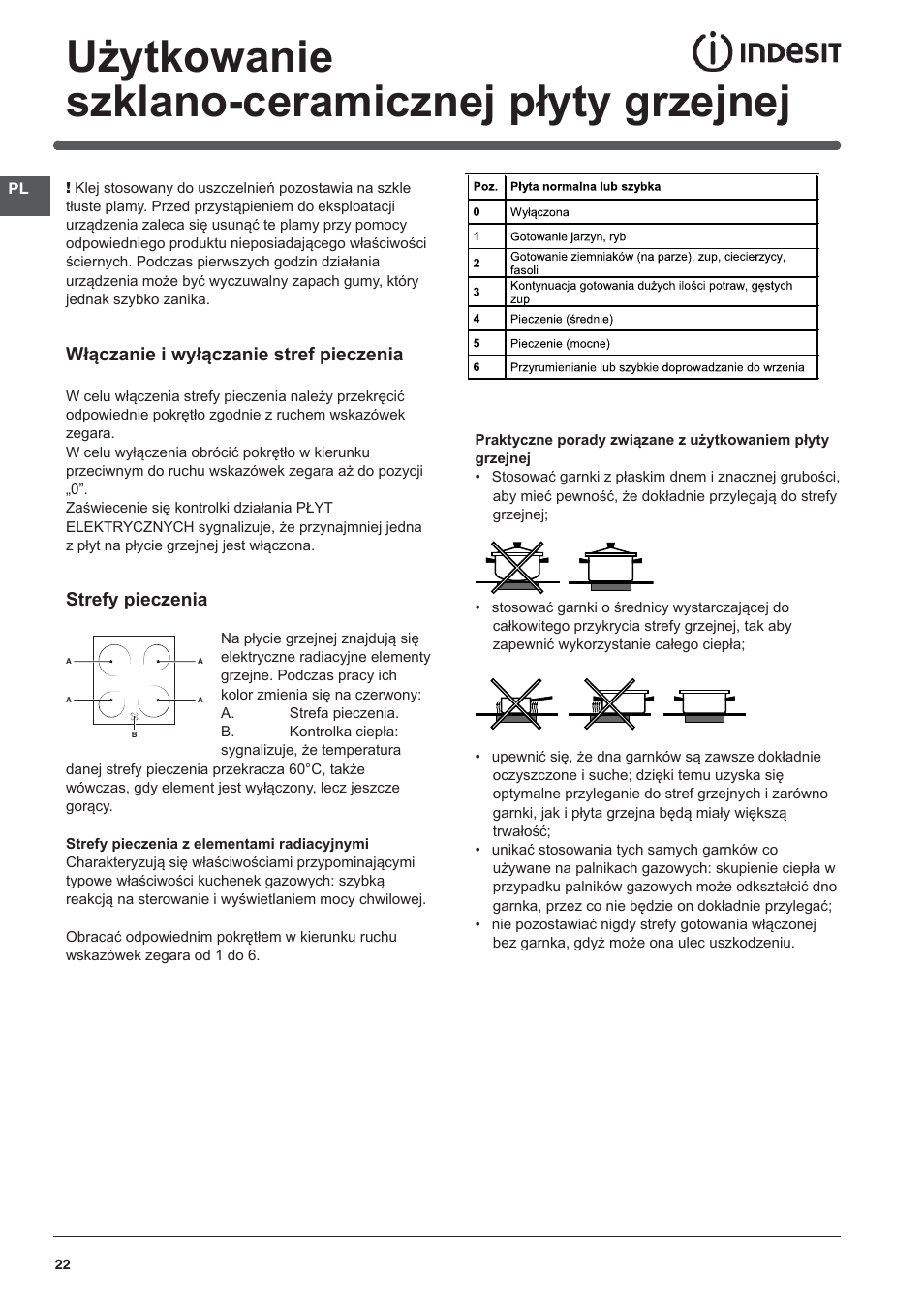 Użytkowanie szklano-ceramicznej płyty grzejnej | Indesit I5V62A(W)-EU User Manual | Page 22 / 60