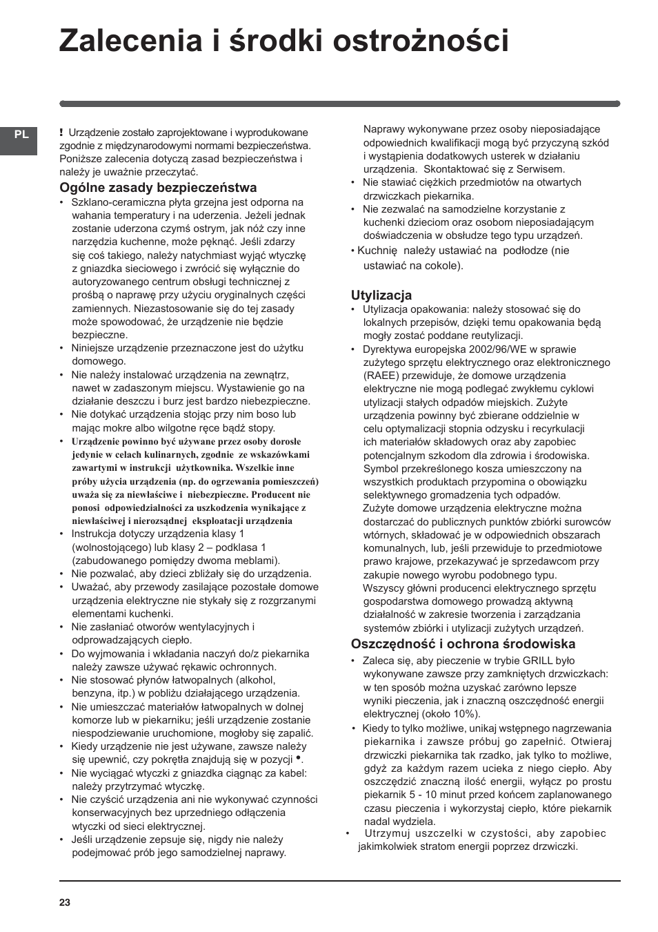 Zalecenia i środki ostrożności | Indesit I5V62A(W)-EU User Manual | Page 23 / 60