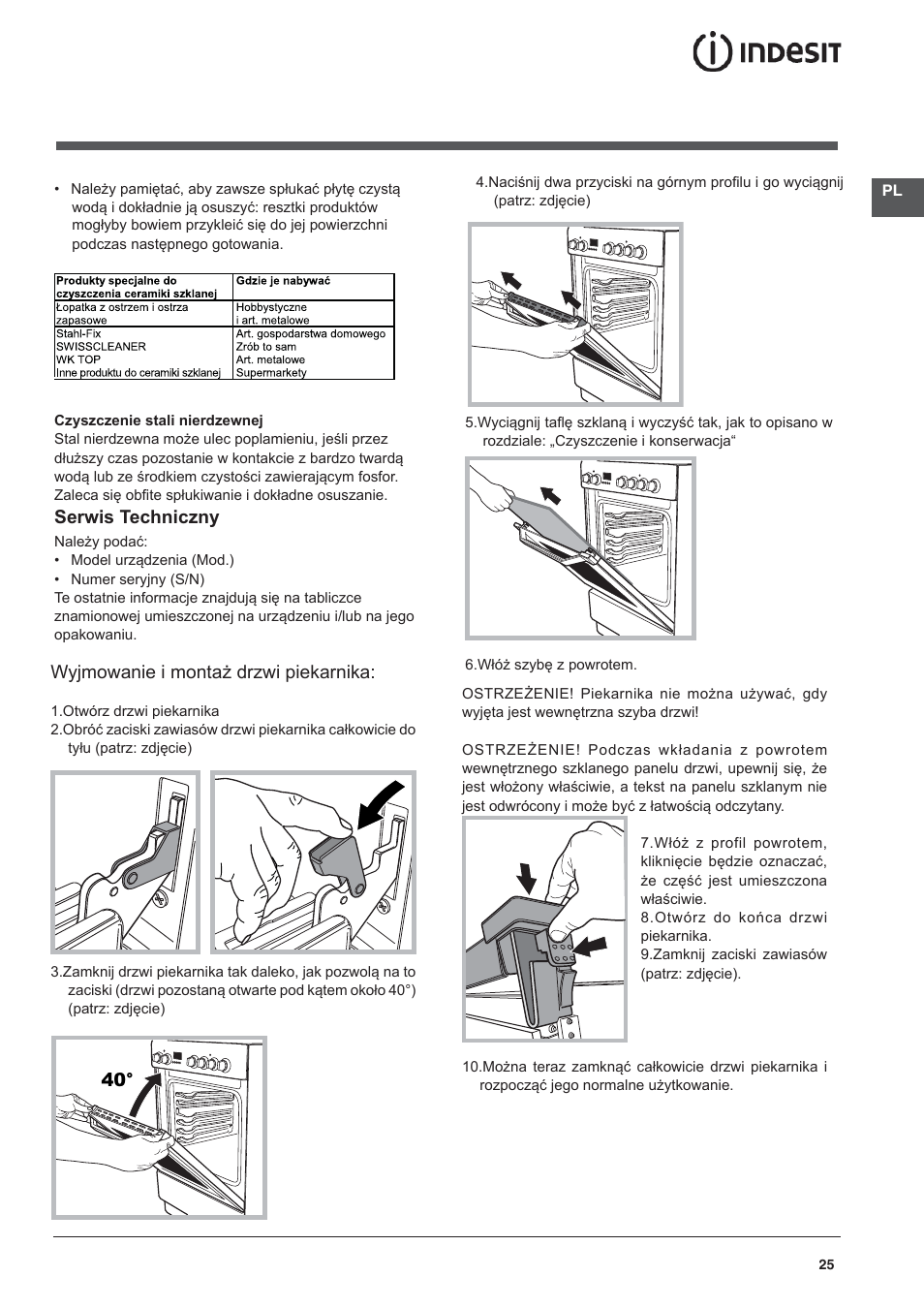 Wyjmowanie i montaż drzwi piekarnika, Serwis techniczny | Indesit I5V62A(W)-EU User Manual | Page 25 / 60