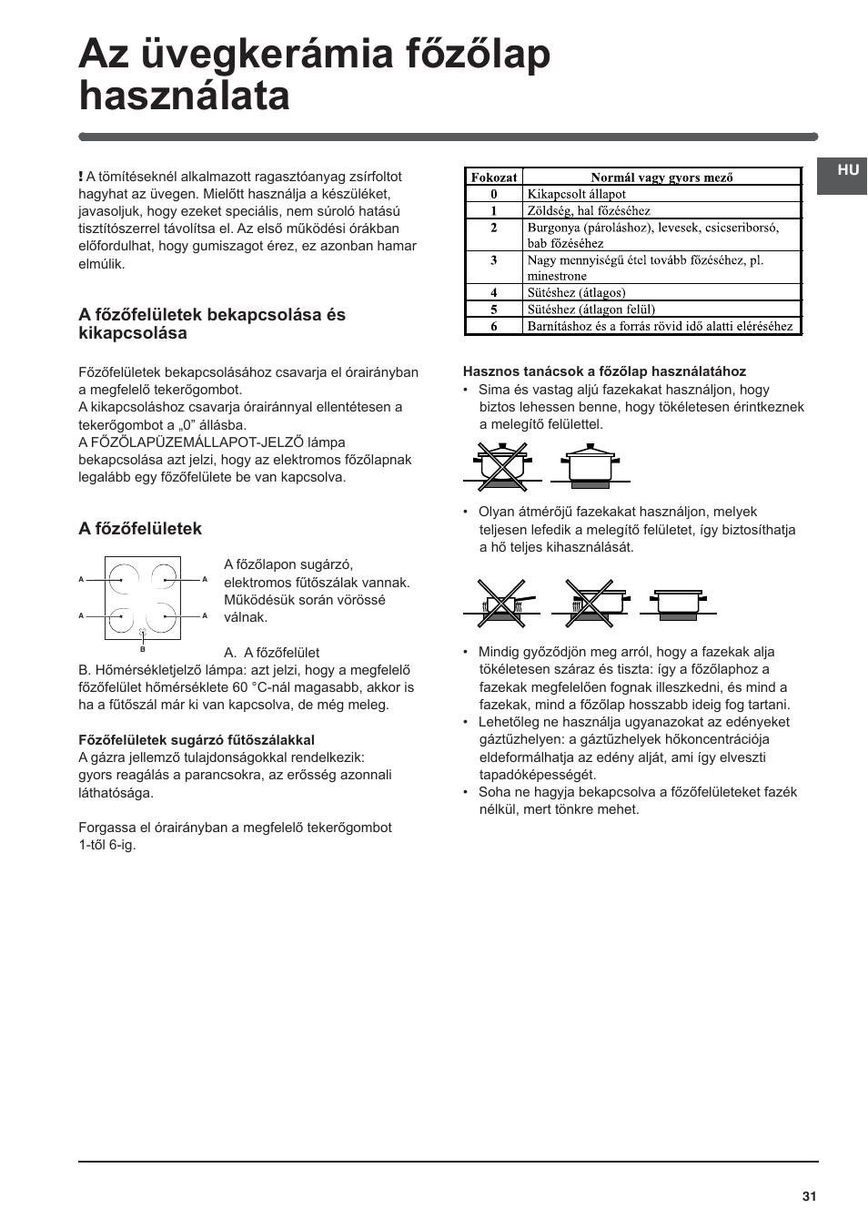 Az üvegkerámia főzőlap használata | Indesit I5V62A(W)-EU User Manual | Page 31 / 60
