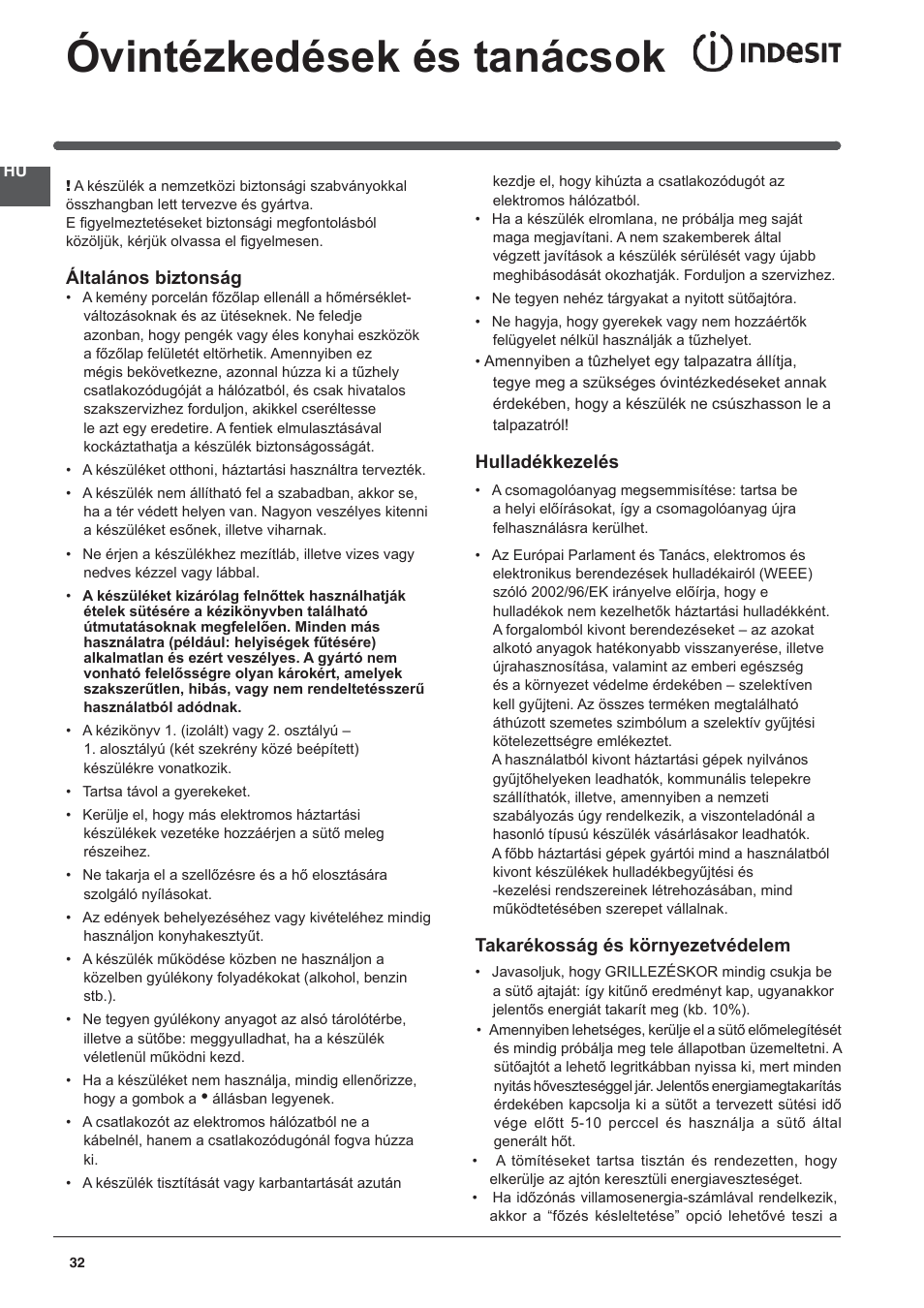 Óvintézkedések és tanácsok | Indesit I5V62A(W)-EU User Manual | Page 32 / 60