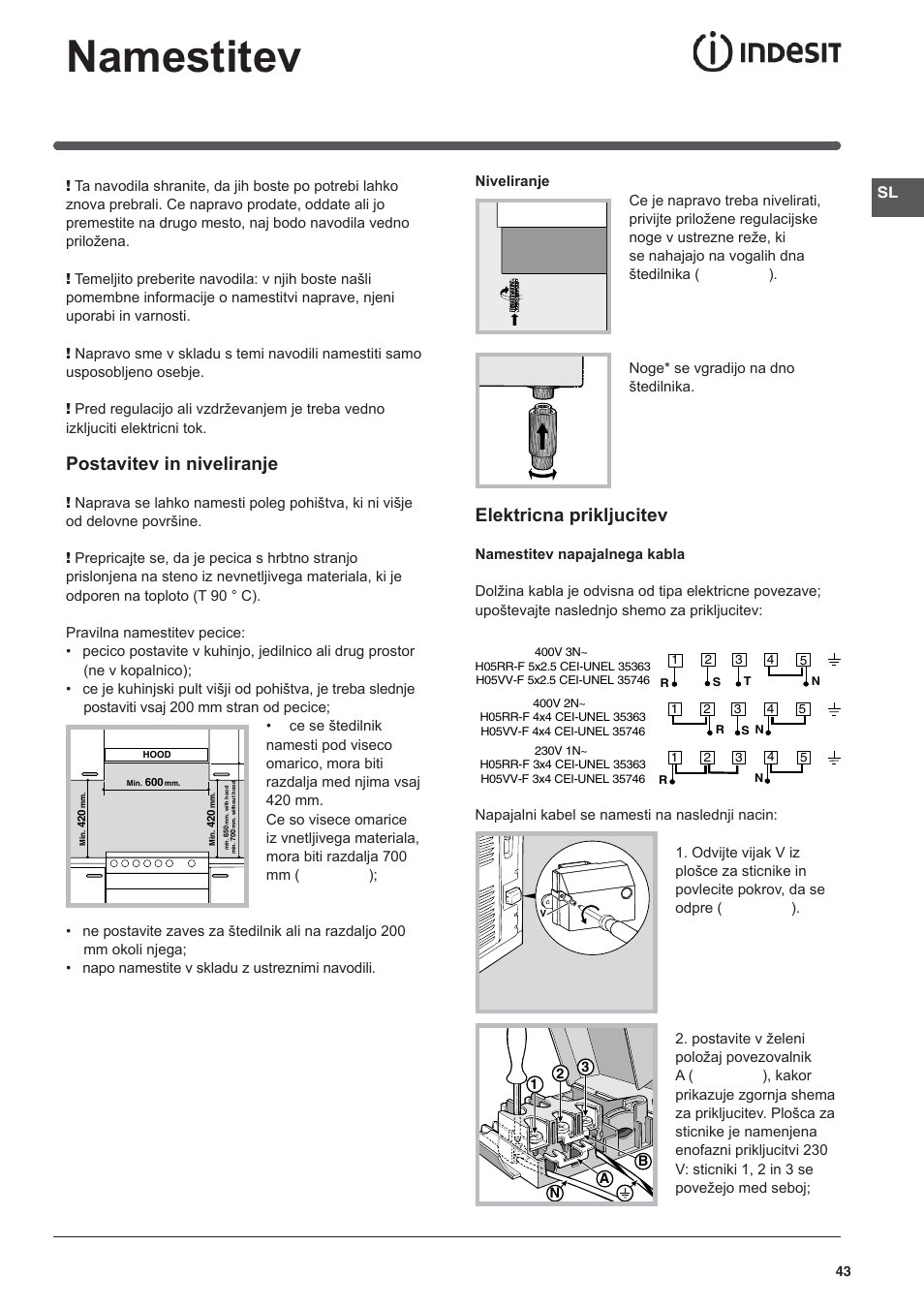 118601 sl, Namestitev, Postavitev in niveliranje | Elektricna prikljucitev | Indesit I5V62A(W)-EU User Manual | Page 43 / 60