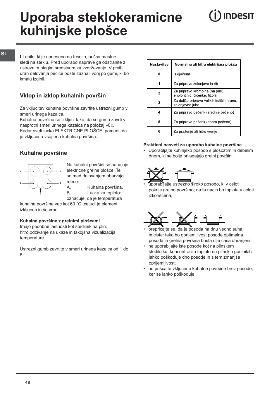 Uporaba steklokeramicne kuhinjske plošce | Indesit I5V62A(W)-EU User Manual | Page 48 / 60