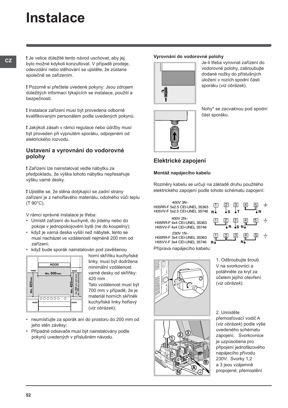 118601 cz, Instalace, Ustavení a vyrovnání do vodorovné polohy | Elektrické zapojení | Indesit I5V62A(W)-EU User Manual | Page 52 / 60