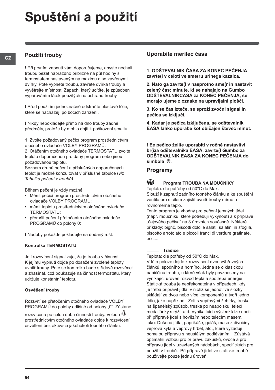 Spuštění a použití | Indesit I5V62A(W)-EU User Manual | Page 54 / 60