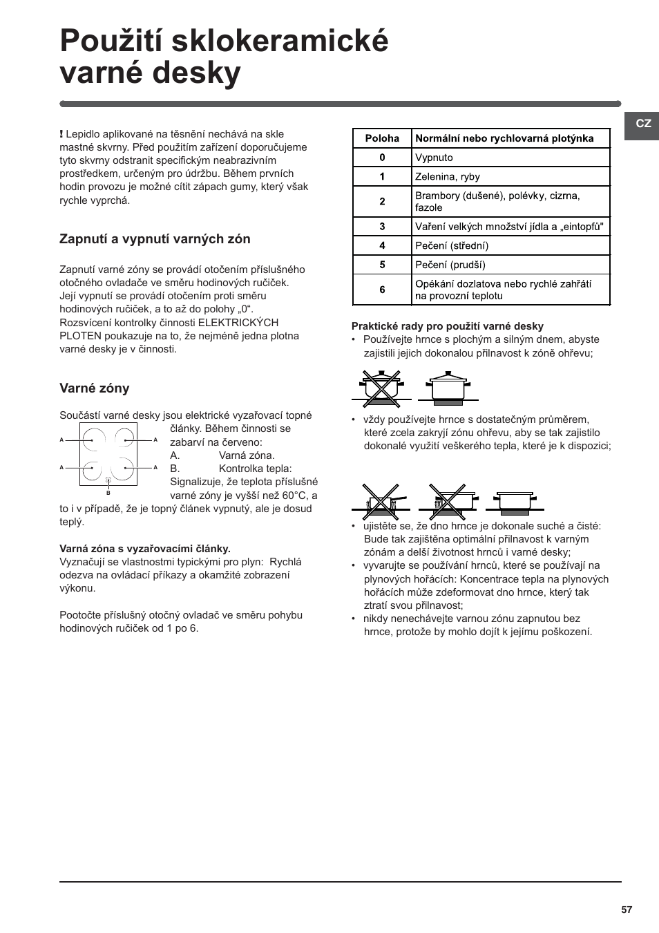 Použití sklokeramické varné desky | Indesit I5V62A(W)-EU User Manual | Page 57 / 60