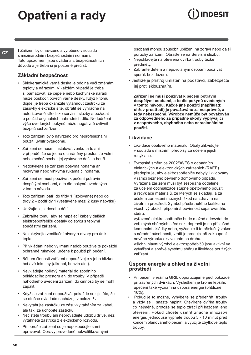 Opatření a rady | Indesit I5V62A(W)-EU User Manual | Page 58 / 60