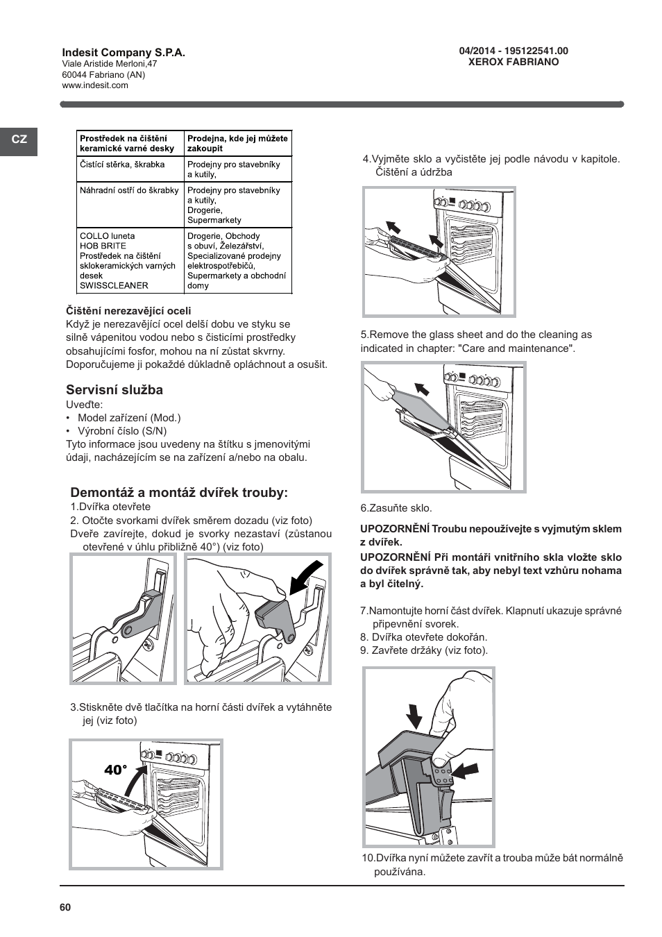 40° demontáž a montáž dvířek trouby, Servisní služba | Indesit I5V62A(W)-EU User Manual | Page 60 / 60