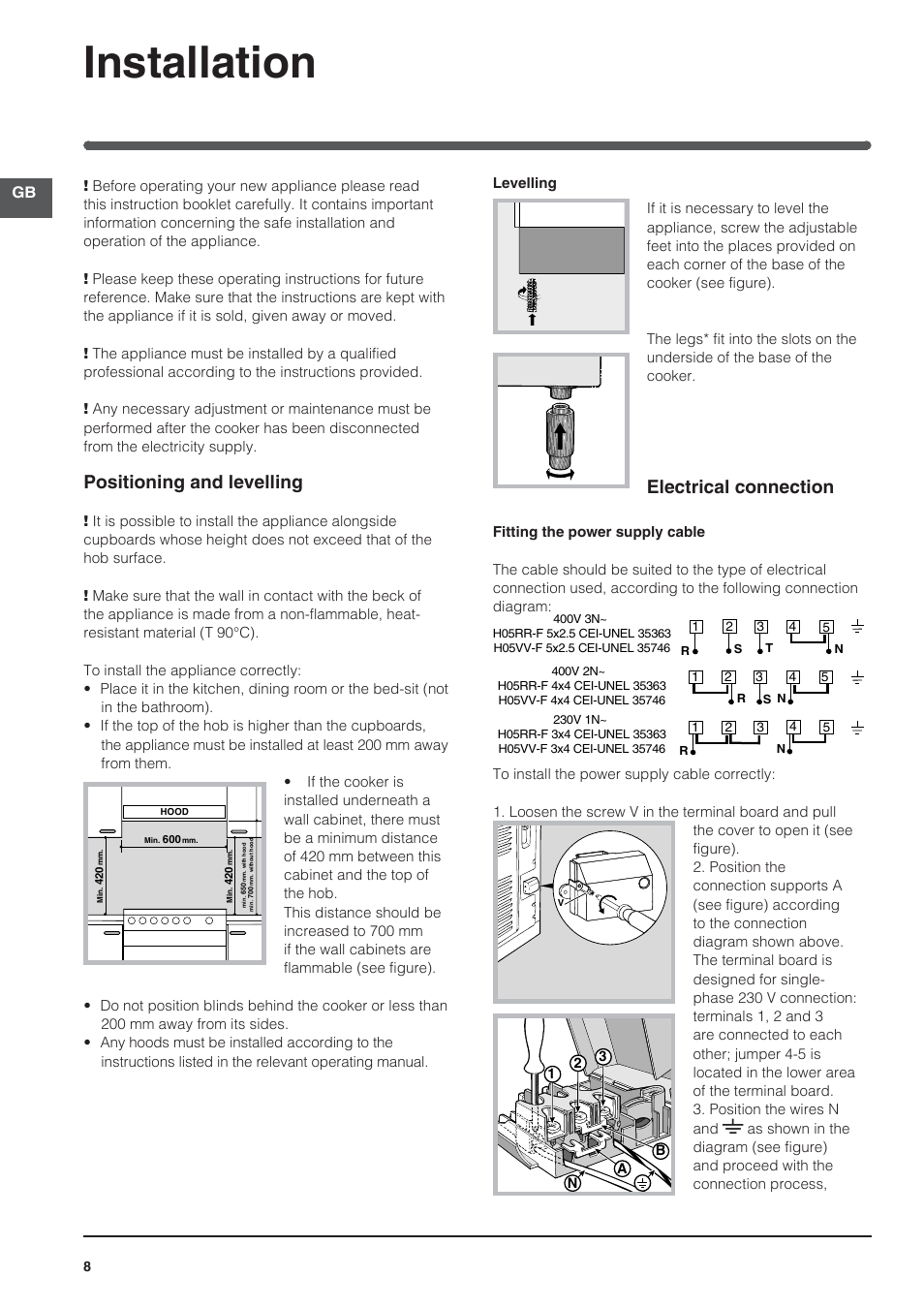 118601 gb, Installation, Positioning and levelling | Electrical connection | Indesit I5V62A(W)-EU User Manual | Page 8 / 60