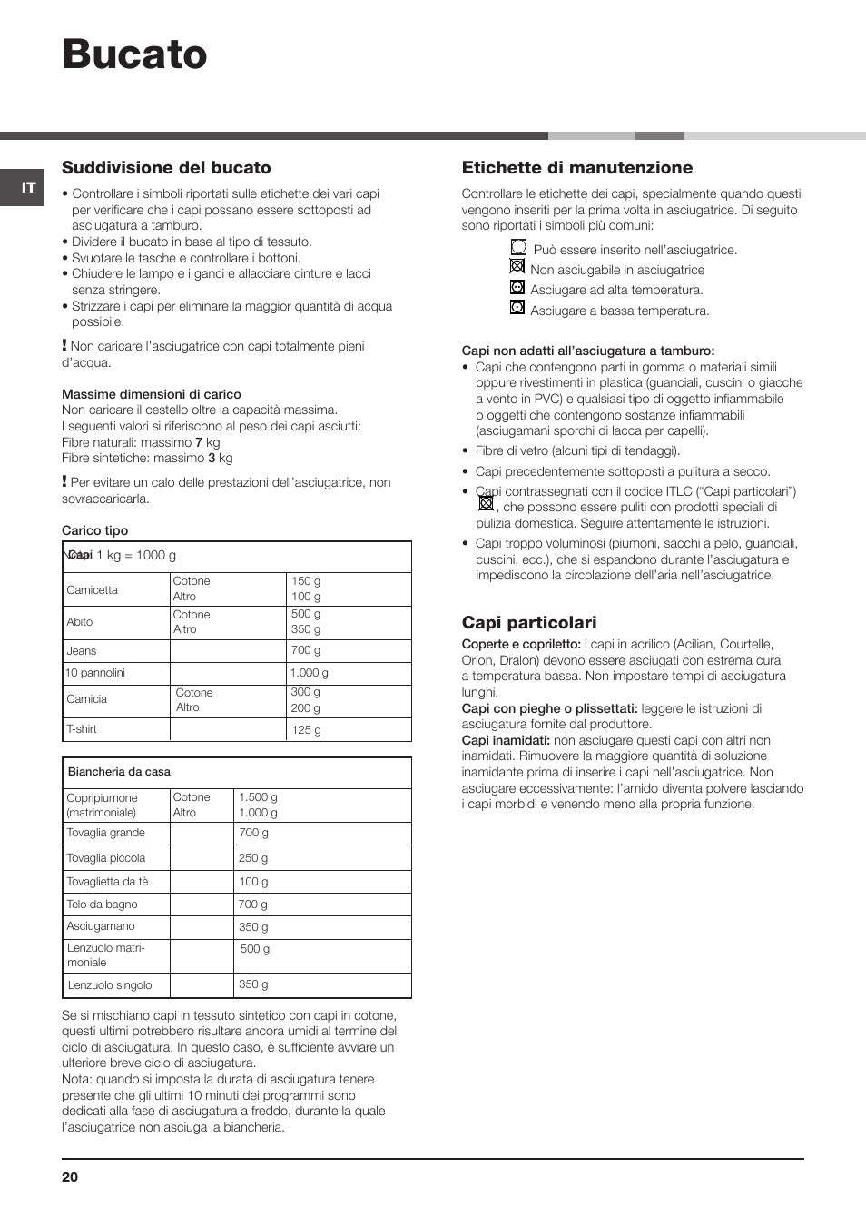 Bucato, Suddivisione del bucato, Etichette di manutenzione | Capi particolari | Indesit IDC-75-(EU) User Manual | Page 20 / 84