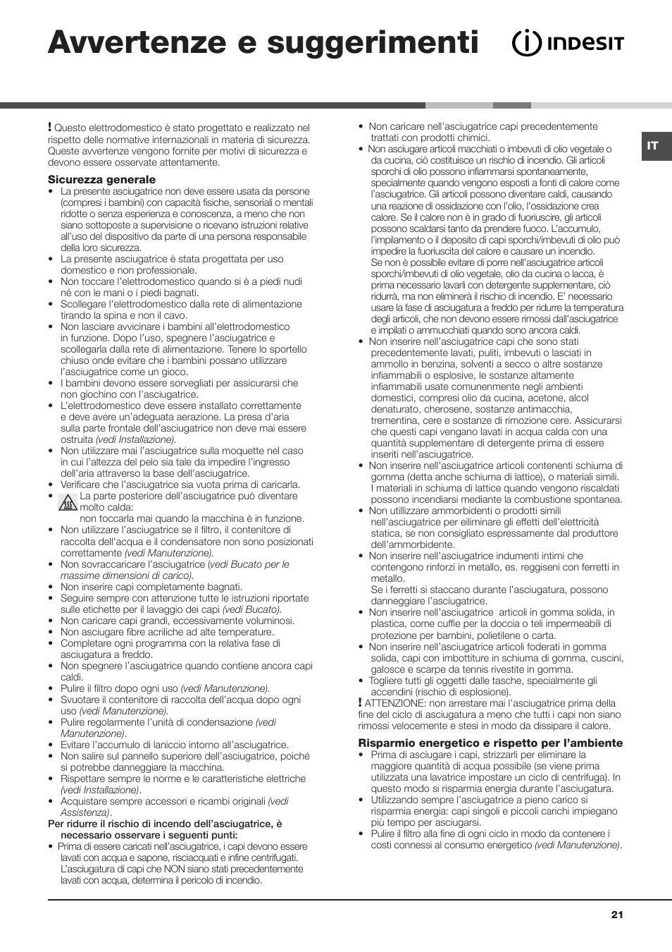Avvertenze e suggerimenti | Indesit IDC-75-(EU) User Manual | Page 21 / 84