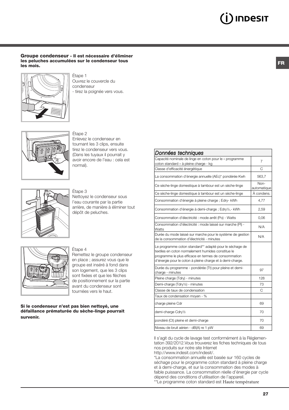 Données techniques, Fr groupe condenseur | Indesit IDC-75-(EU) User Manual | Page 27 / 84