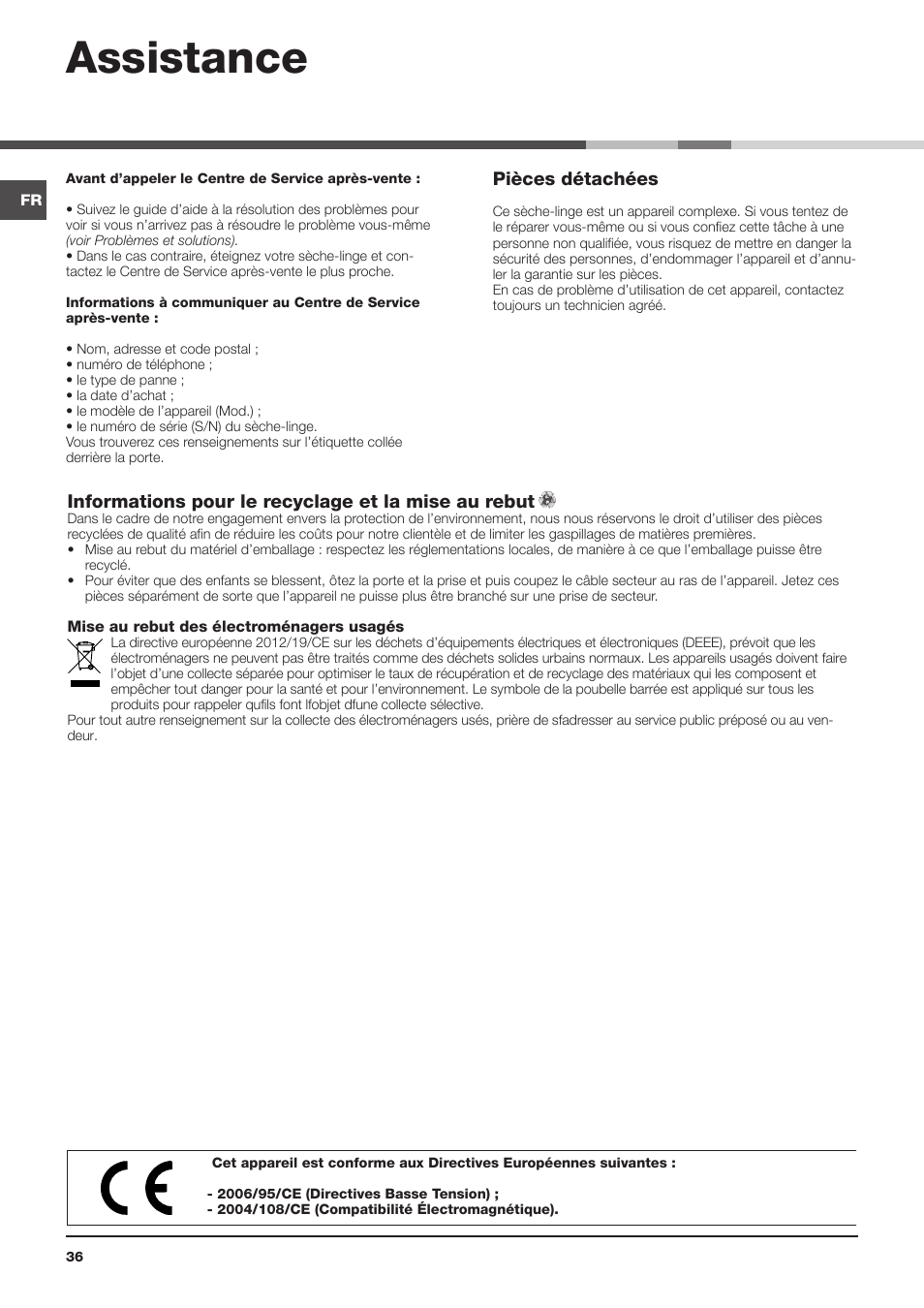 Assistance, Pièces détachées, Informations pour le recyclage et la mise au rebut | Indesit IDC-75-(EU) User Manual | Page 36 / 84