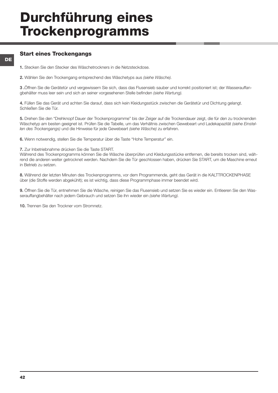 Durchführung eines trockenprogramms | Indesit IDC-75-(EU) User Manual | Page 42 / 84