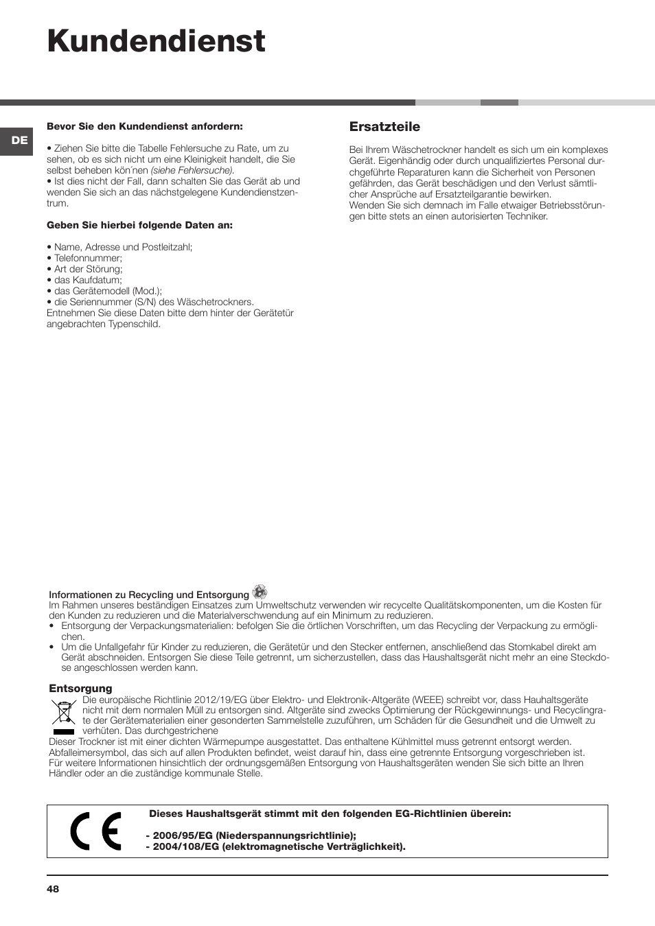 Kundendienst, Ersatzteile | Indesit IDC-75-(EU) User Manual | Page 48 / 84