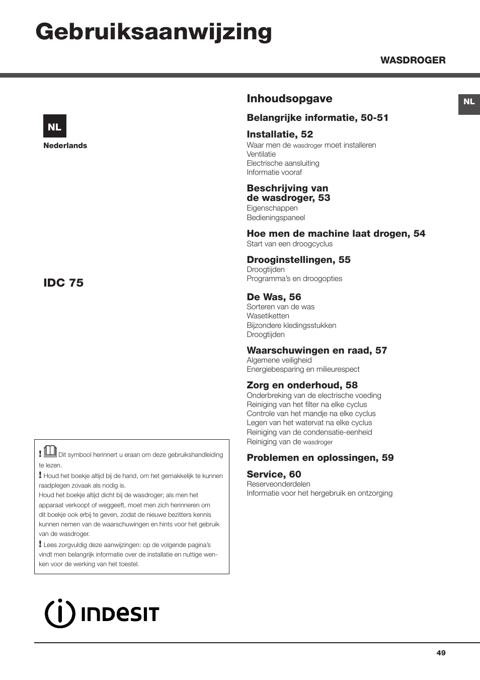 Gebruiksaanwijzing, Inhoudsopgave, Idc 75 | Indesit IDC-75-(EU) User Manual | Page 49 / 84