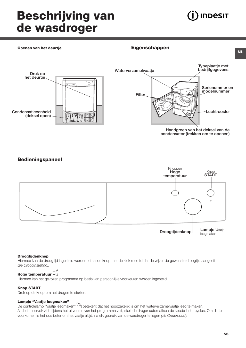 Beschrijving van de wasdroger | Indesit IDC-75-(EU) User Manual | Page 53 / 84