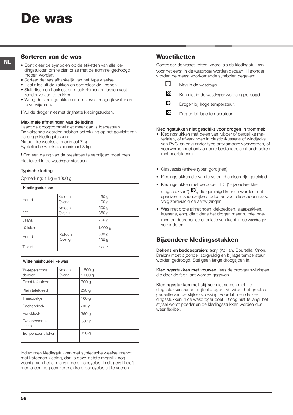 De was, Sorteren van de was, Wasetiketten | Bijzondere kledingsstukken | Indesit IDC-75-(EU) User Manual | Page 56 / 84