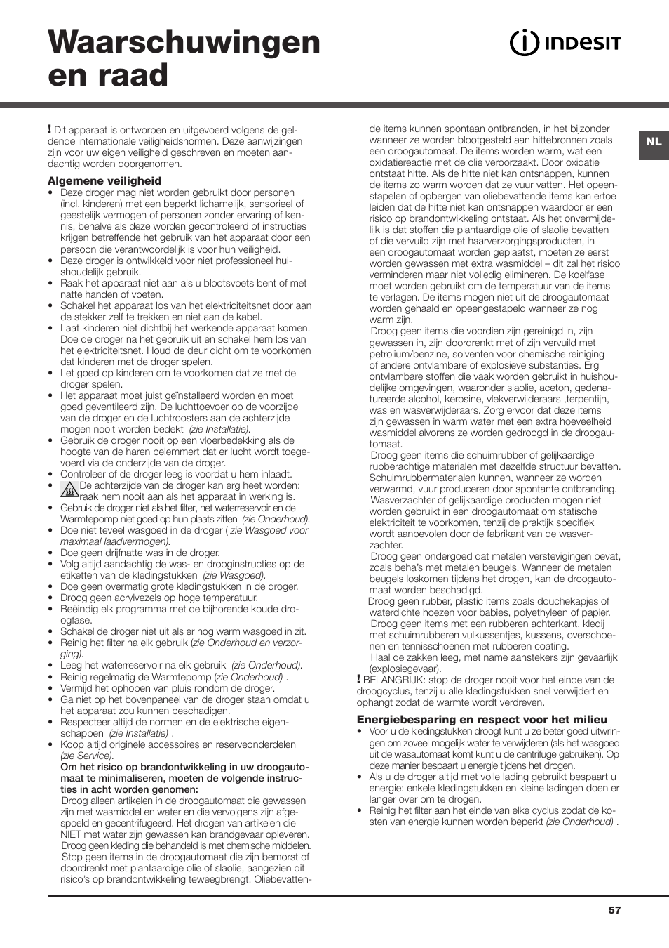 Waarschuwingen en raad | Indesit IDC-75-(EU) User Manual | Page 57 / 84