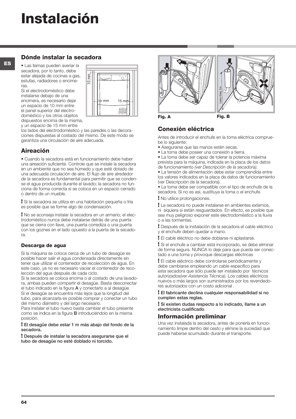 Instalación, Dónde instalar la secadora, Aireación | Conexión eléctrica, Información preliminar | Indesit IDC-75-(EU) User Manual | Page 64 / 84