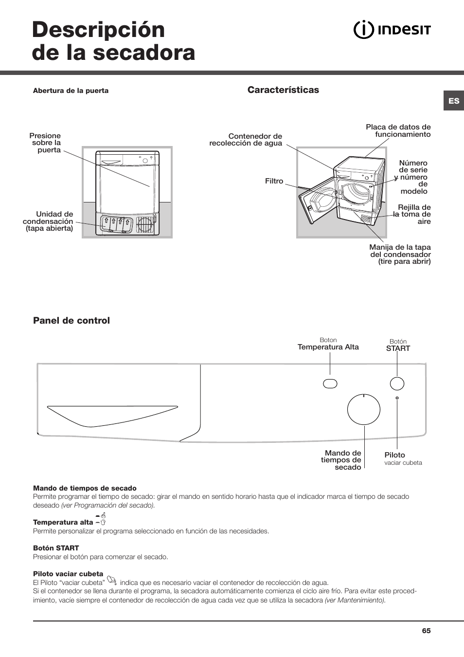 Descripción de la secadora, Panel de control características | Indesit IDC-75-(EU) User Manual | Page 65 / 84