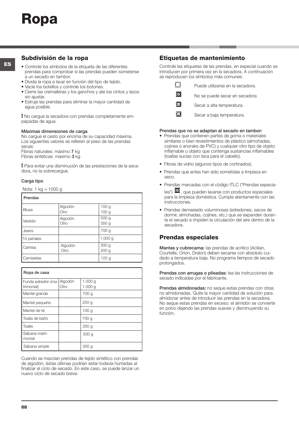 Ropa, Subdivisión de la ropa, Etiquetas de mantenimiento | Prendas especiales | Indesit IDC-75-(EU) User Manual | Page 68 / 84