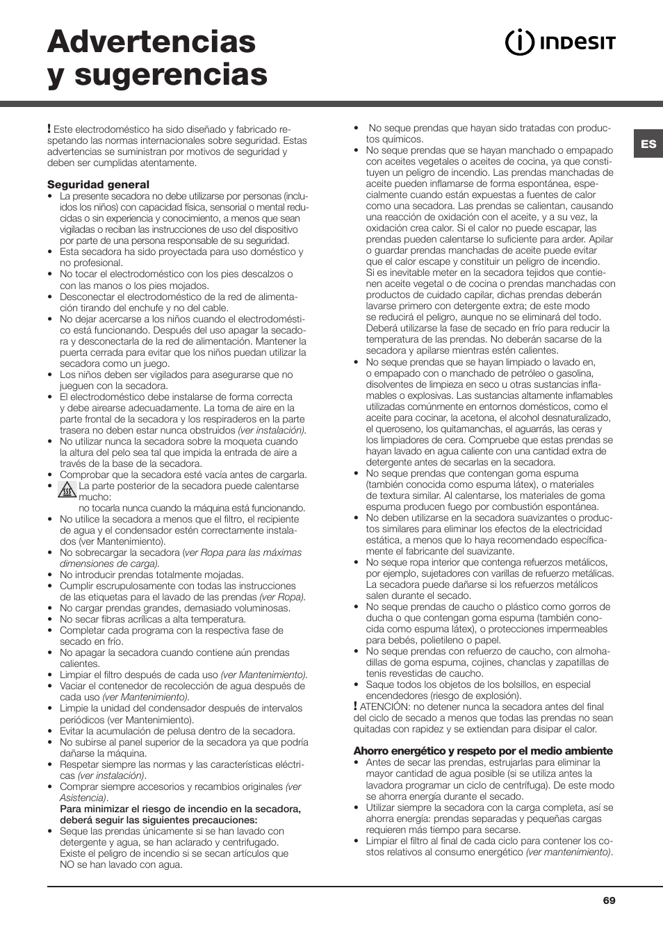 Advertencias y sugerencias | Indesit IDC-75-(EU) User Manual | Page 69 / 84