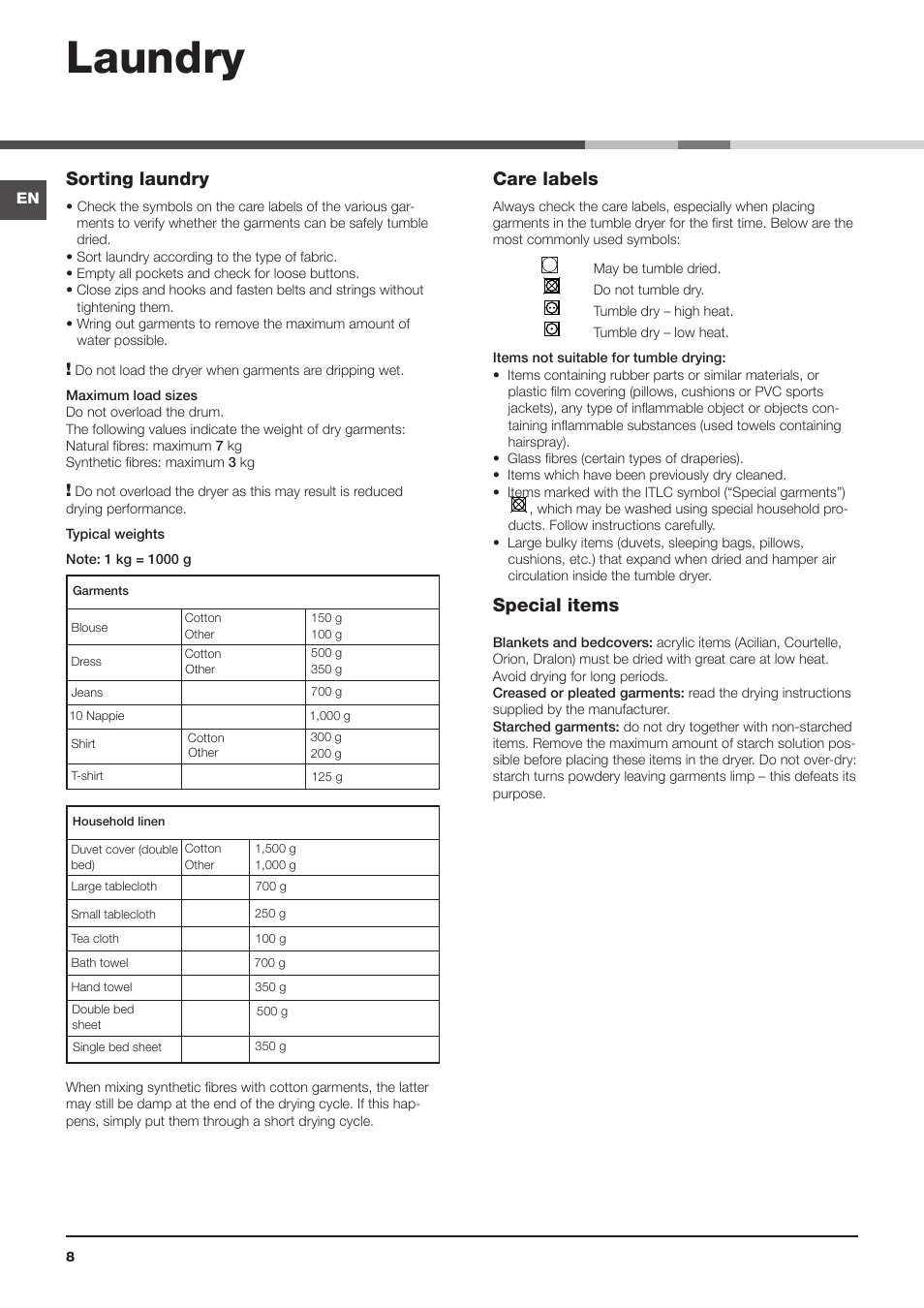 Laundry, Sorting laundry, Care labels | Special items | Indesit IDC-75-(EU) User Manual | Page 8 / 84