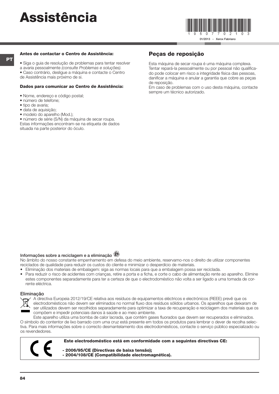 Assistência, Peças de reposição | Indesit IDC-75-(EU) User Manual | Page 84 / 84