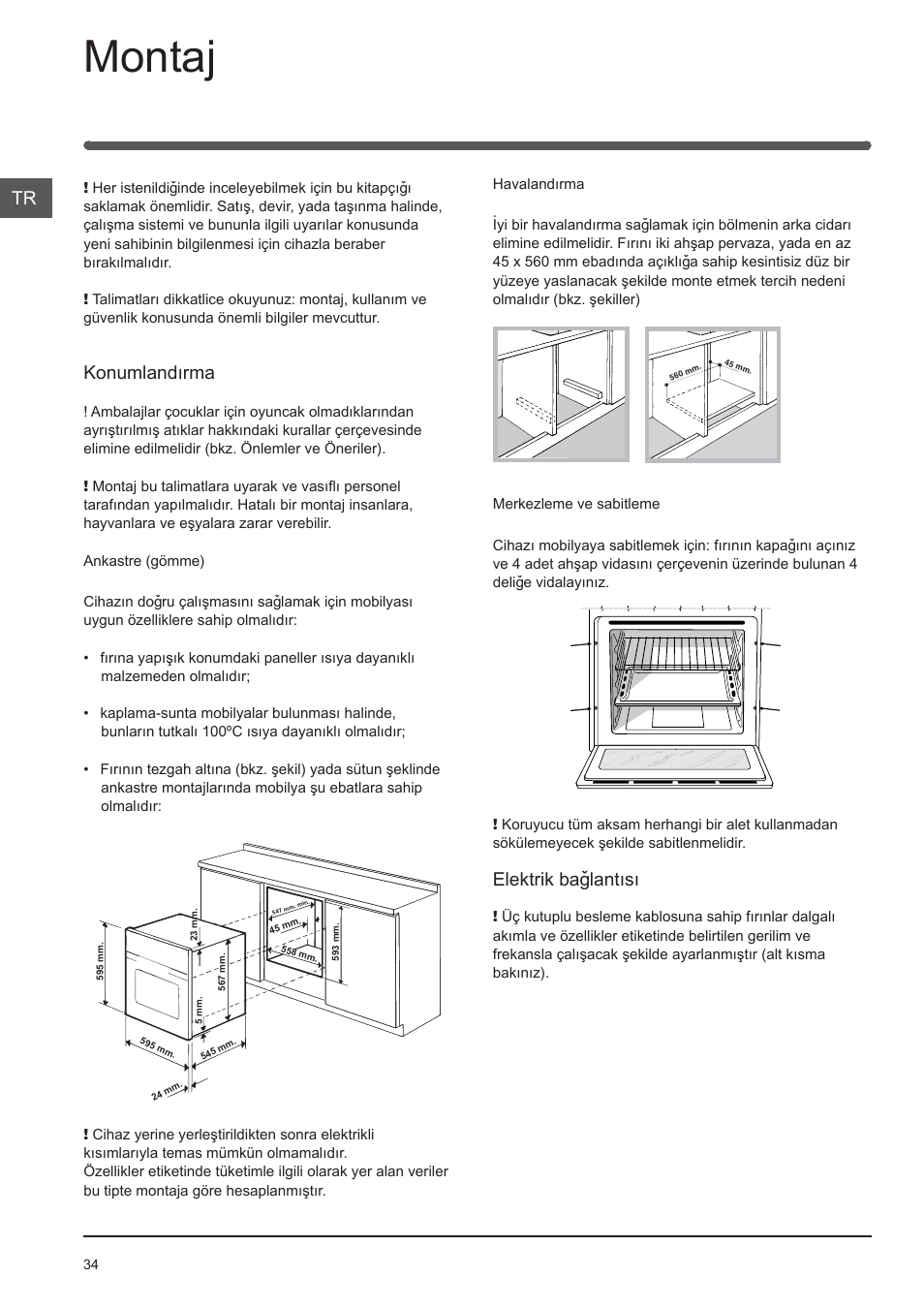 Montaj, Konumlandýrma, Elektrik baðlantýsý | Indesit FIMB-51K.A-IX-(PL) User Manual | Page 34 / 84