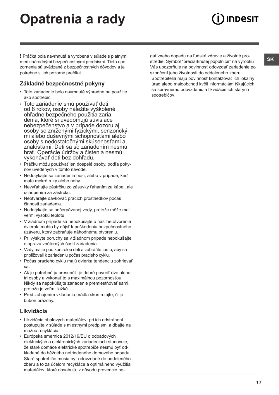Opatrenia a rady | Indesit IWSE-61281-C-ECO-EU User Manual | Page 17 / 84