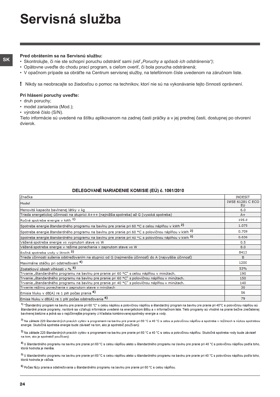 Servisná služba | Indesit IWSE-61281-C-ECO-EU User Manual | Page 24 / 84