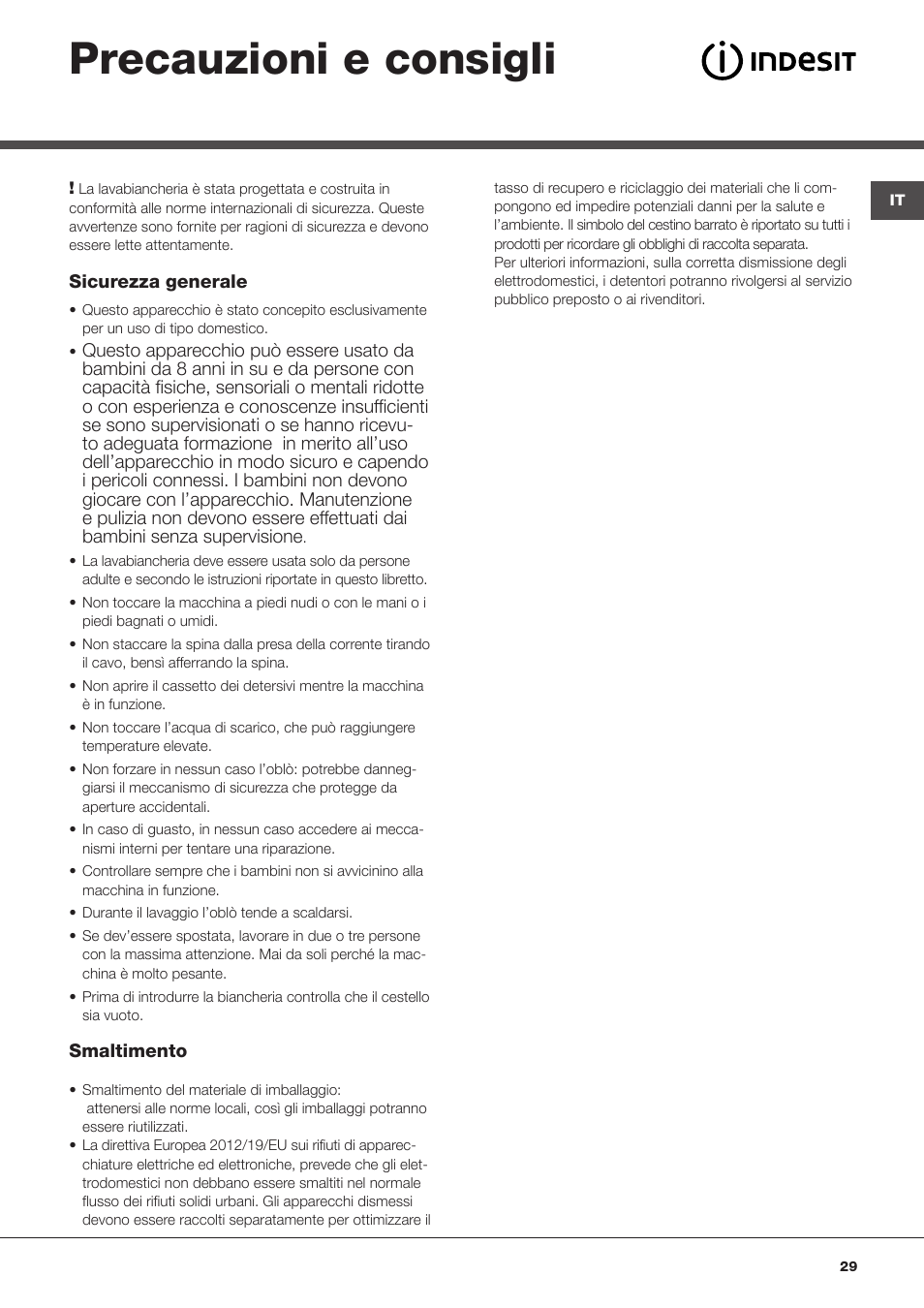Precauzioni e consigli | Indesit IWSE-61281-C-ECO-EU User Manual | Page 29 / 84