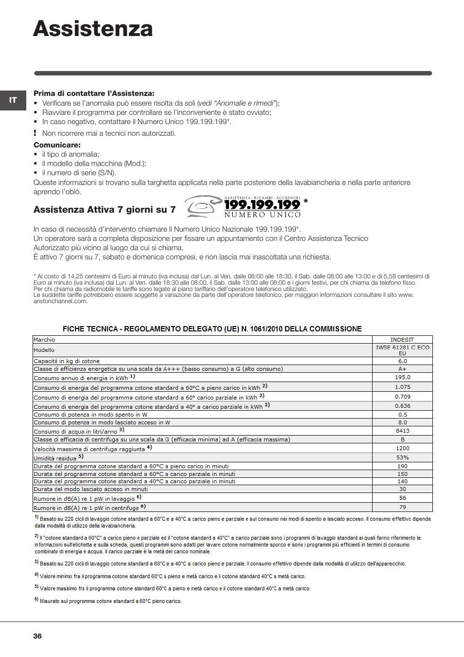 Assistenza | Indesit IWSE-61281-C-ECO-EU User Manual | Page 36 / 84