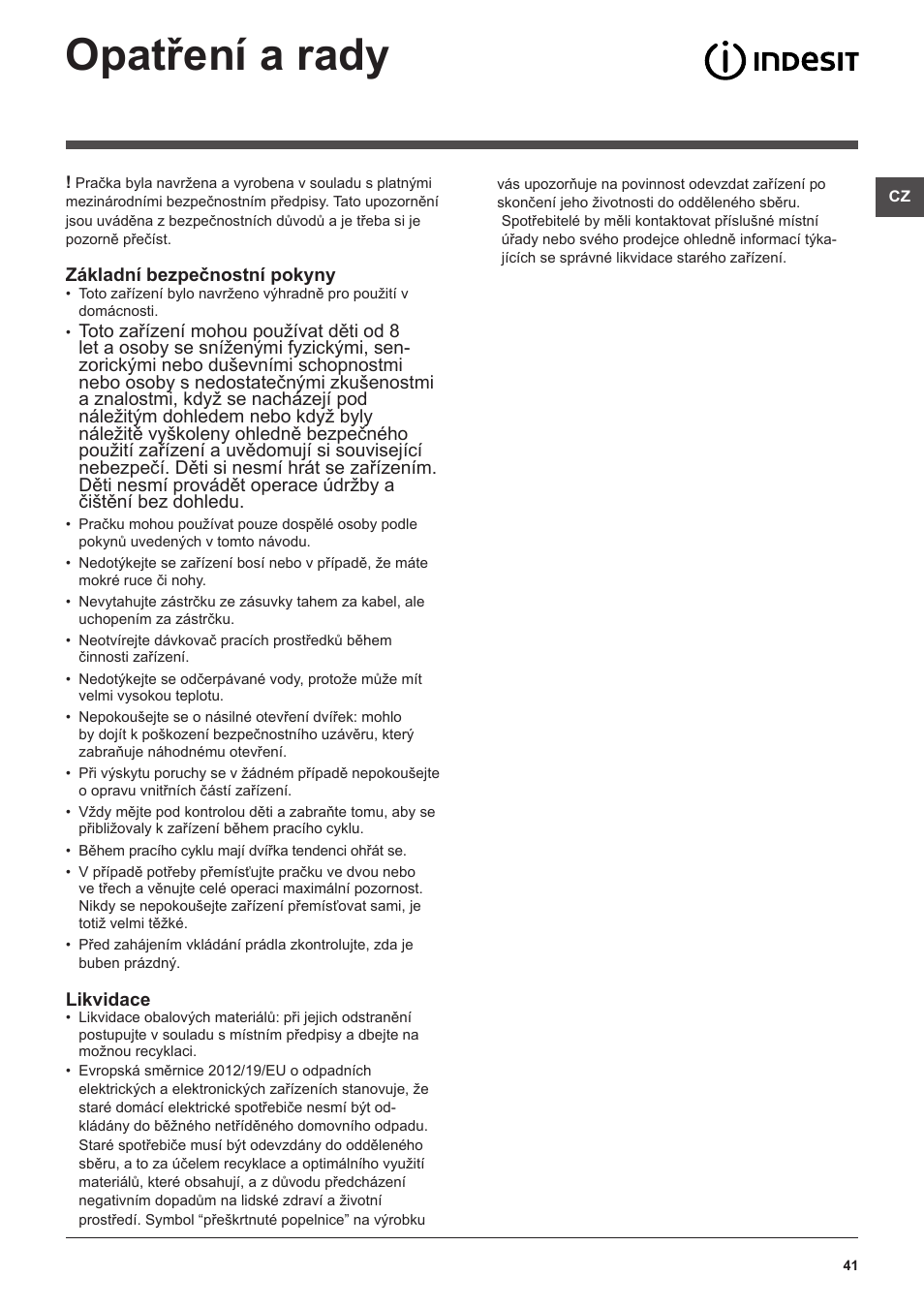 Opatření a rady | Indesit IWSE-61281-C-ECO-EU User Manual | Page 41 / 84